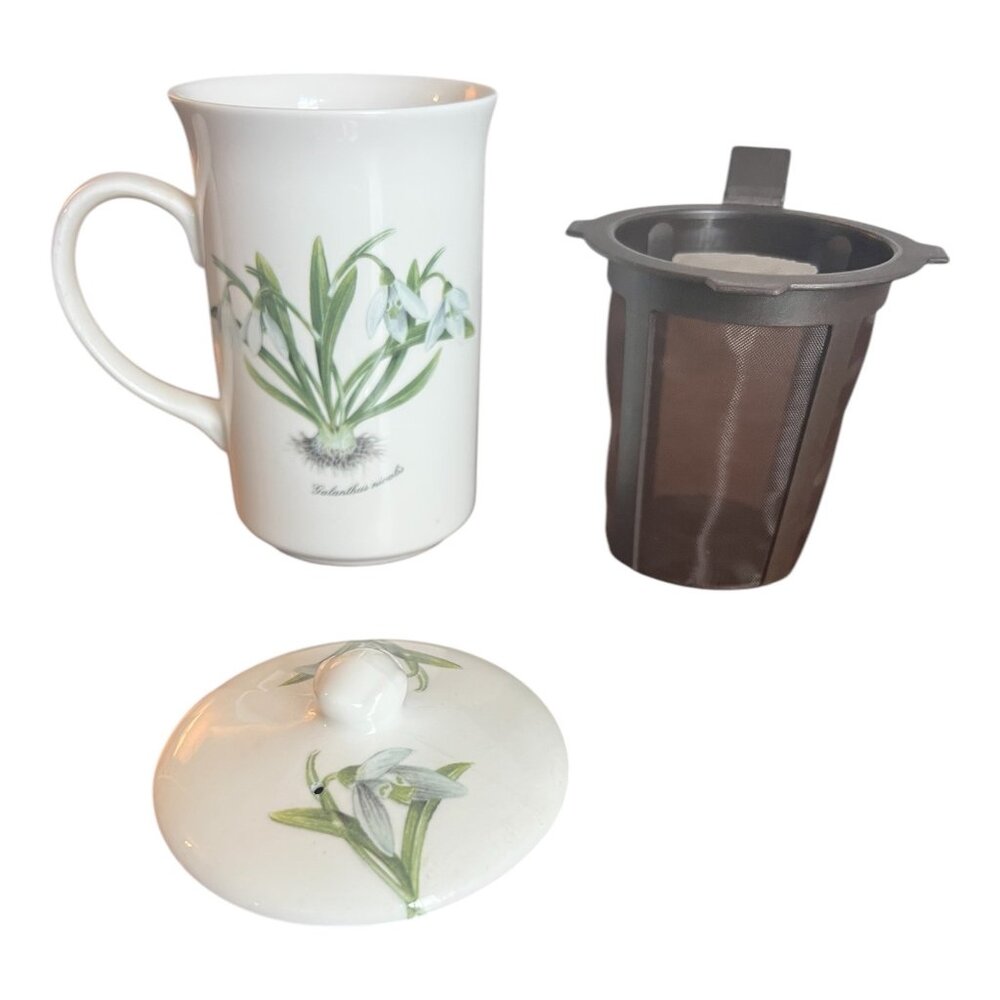 St George Fine Bone China Snowdrop Floral Teacup W/ Lid, Plastic Infuser England